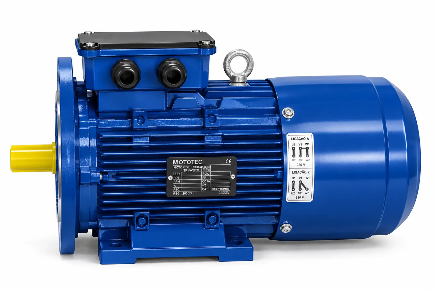 Motofreio Mototec azul em vista lateral, com caixa de ligação e carcaça aletada