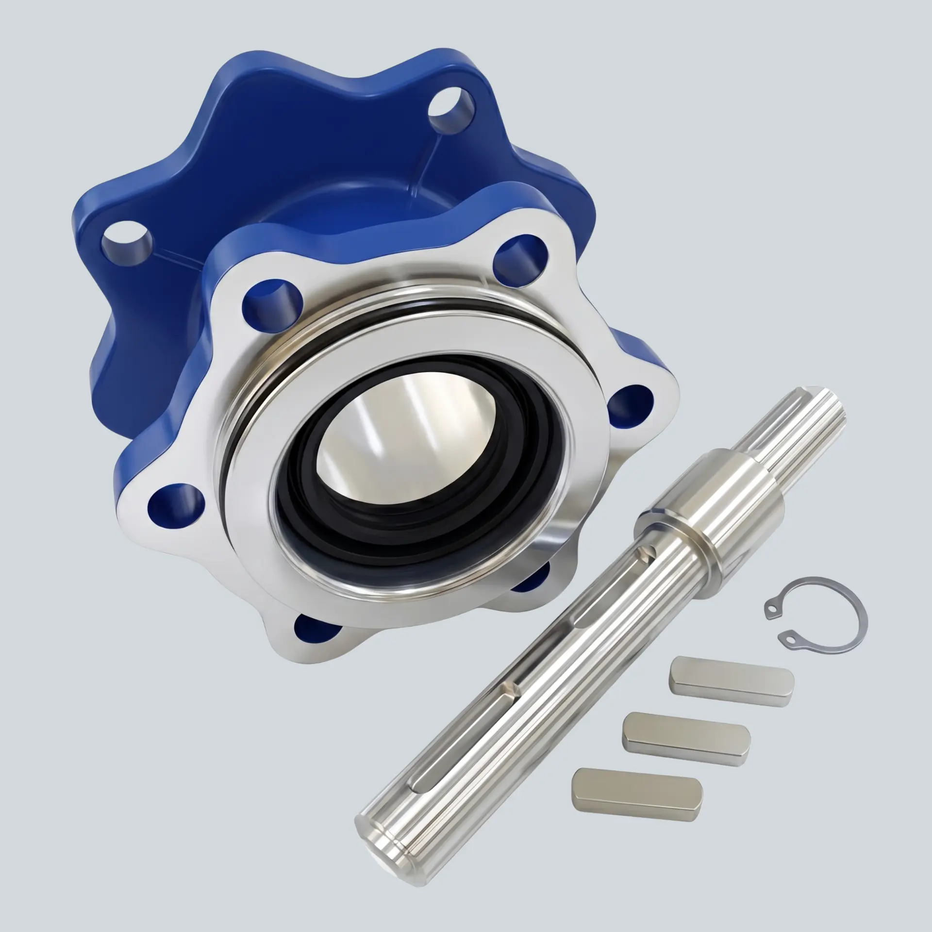 Detalhe do conjunto de saída do redutor Duplex com flange, retentor e eixo maciço