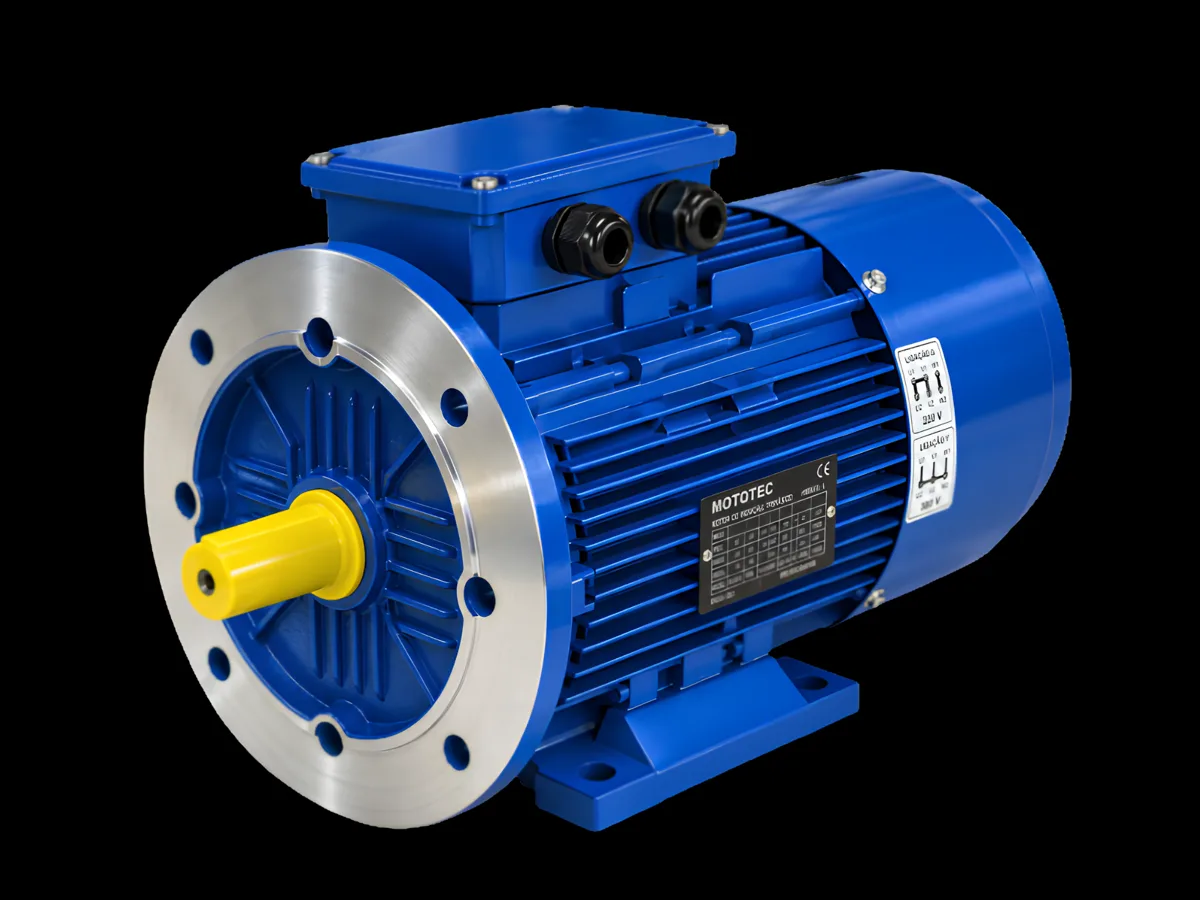 Motofreio Mototec azul com flange e eixo amarelo, em vista diagonal